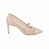 A single women's high-heeled pump in a light beige or nude color, featuring a textured openwork mesh upper, a pointed toe, and a small matching bow on the strap, shown against a plain white background.