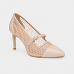 A single nude beige high-heeled pump with a pointed toe, featuring a combination of smooth leather panels and an open mesh upper with a Mary Jane strap and buckle.