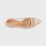 A single women's pointed-toe pump shown from a top-down view on a light gray background. The shoe features a smooth nude-beige toe cap and heel counter, with a textured openwork mesh upper and a thin matching strap across the instep.