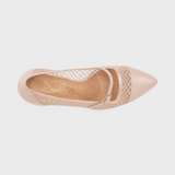 A single women's pointed-toe pump shown from a top-down view on a light gray background. The shoe features a smooth nude-beige toe cap and heel counter, with a textured openwork mesh upper and a thin matching strap across the instep.