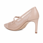 A single women's high-heeled pump in a light nude pink color, featuring a combination of smooth leather and an open mesh pattern on the toe box and upper, with a thin ankle strap.