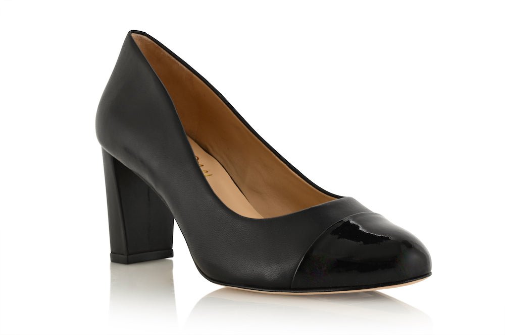 Sandra Black Soft Lux Leather/ Black Patent Comfortable Heel_3303