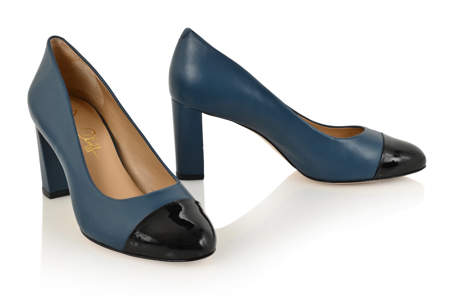 Sandra Indigo Blue Soft Lux Leather/ Black Soft Lux Leather Cap Toe Comfortable Heel_3321