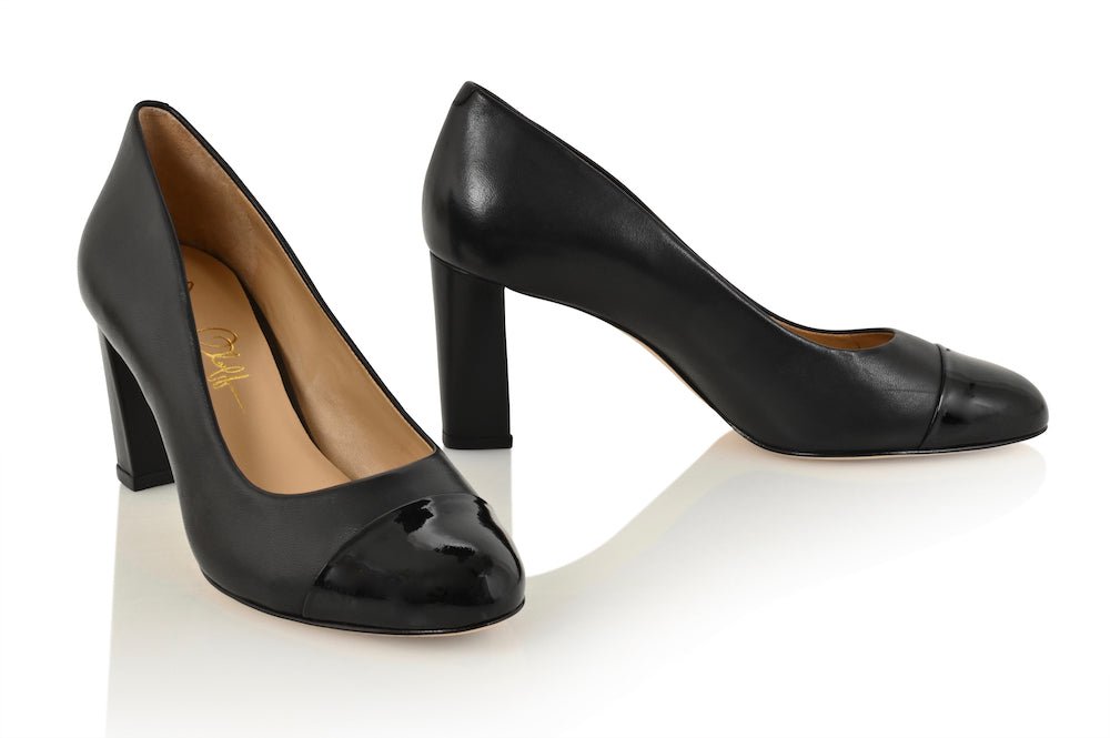 Sandra Black Soft Lux Leather/ Black Patent Comfortable Heel_3307
