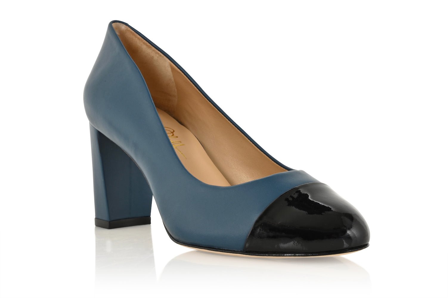 Sandra Indigo Blue Soft Lux Leather/ Black Soft Lux Leather Cap Toe Comfortable Heel_3317